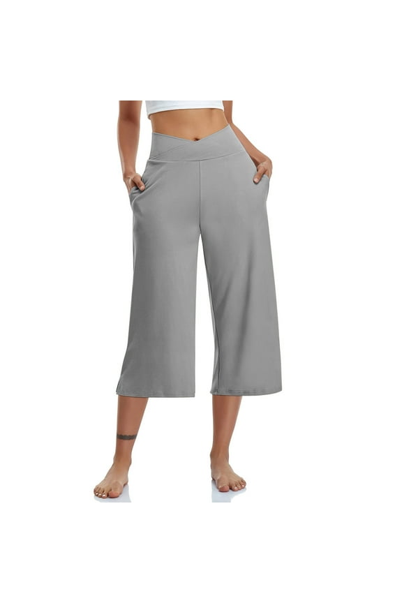 Womens Casual Wide Leg Yoga Capris Crossover High Waist Capri Pants Loose Soft Pajama Pockets Sweatpants Gray XXL