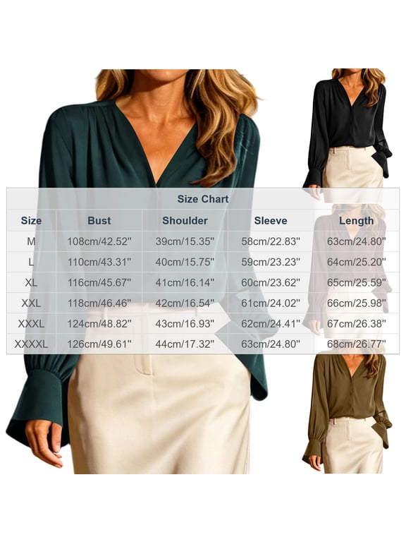 Womens Long Sleeve Button Down Elegant V Neck Silky Relaxed Fit Business Work Blouses Fall Shirts