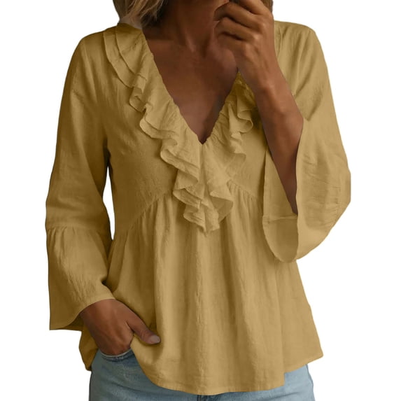 Mwjwdo Womens Long Sleeve Flare Cuff Ruffle V Neck Dressy Casual Textured Relaxed Fit Peplum Blouse Summer Shirts