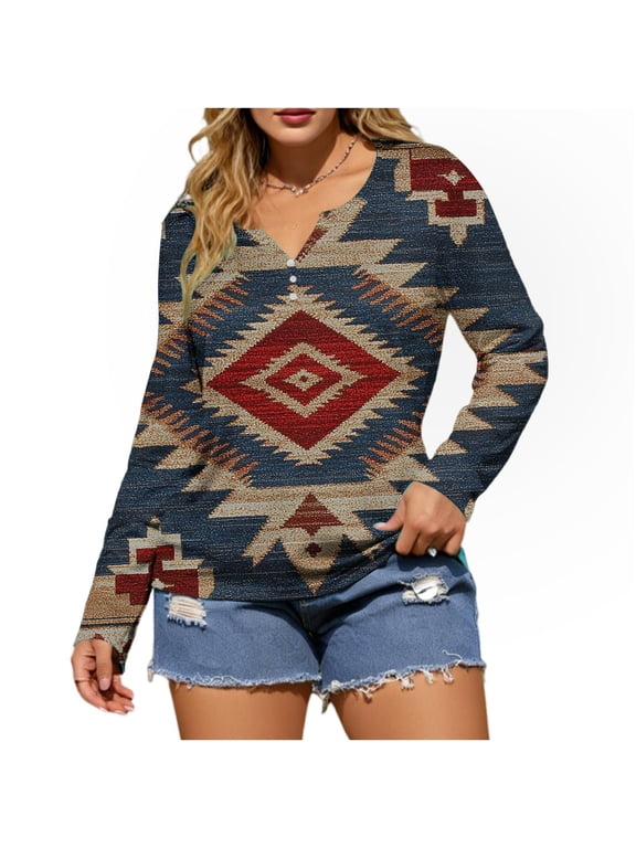 Womens Long Sleeve Top Multi Nested Geometric Print Henley V Neck Three Buttons Drop Shoulder Draped Aztec Pullover Yellow L