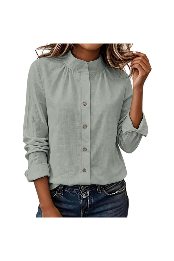 Womens Mandarin Collared Gathered Concealed Placket Shirt Flip Back Cuffs Crinkled Linen Material Neat Straight Cut Top Gray XL