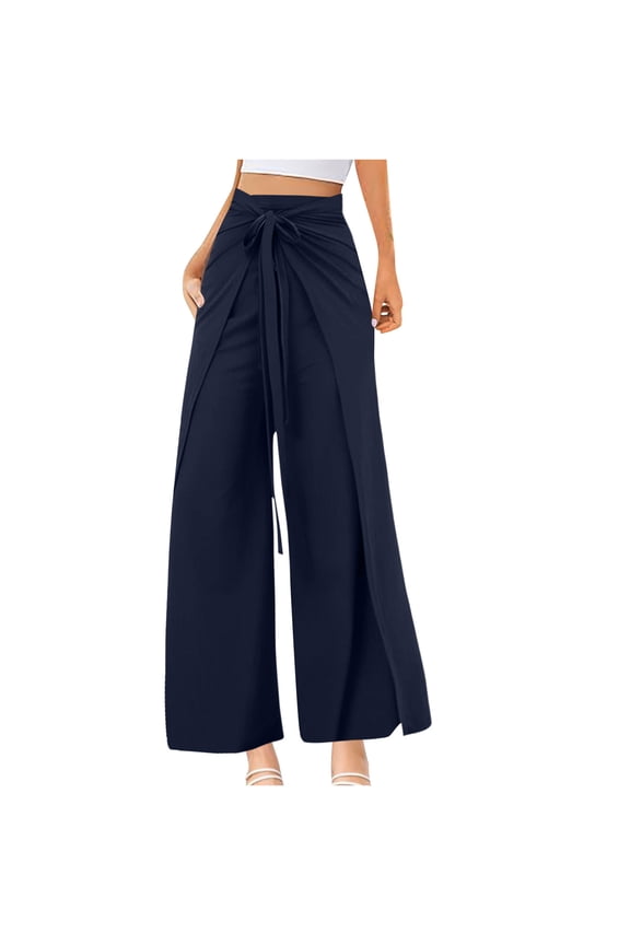 Womens Wide Leg Pants Yoga Flowy Split Palazzo Pants Tie Front Wrap Trousers Beach Cover Up Casual Lounge Boho Pants Navy L