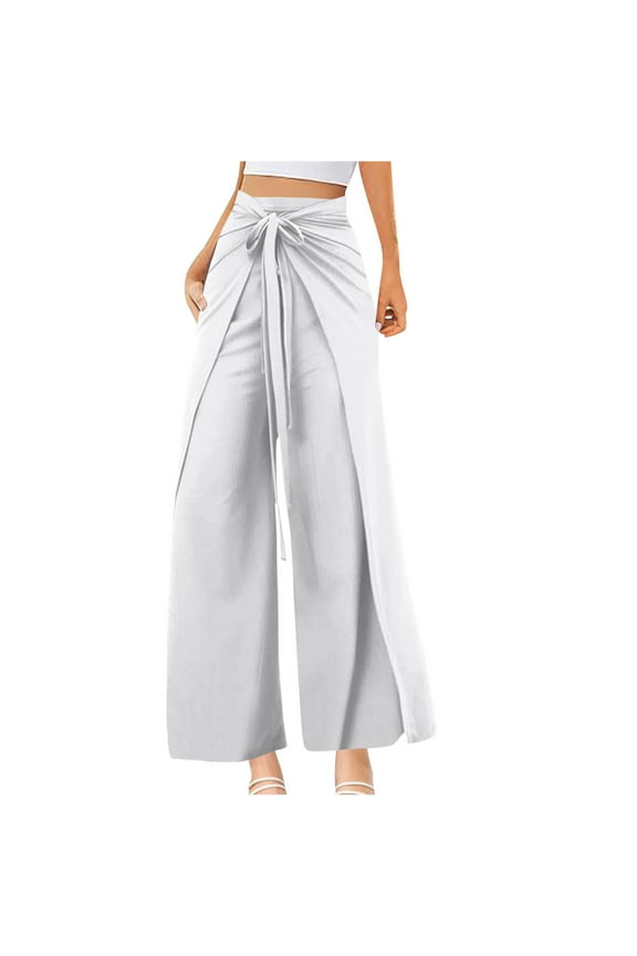 Womens Wide Leg Pants Yoga Flowy Split Palazzo Pants Tie Front Wrap Trousers Beach Cover Up Casual Lounge Boho Pants White XXL