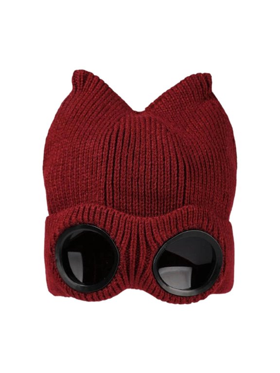 Youth Cartoon Knit Cap Dual Point-Ear Goggle Splice Elastic Band for Town Outings Red