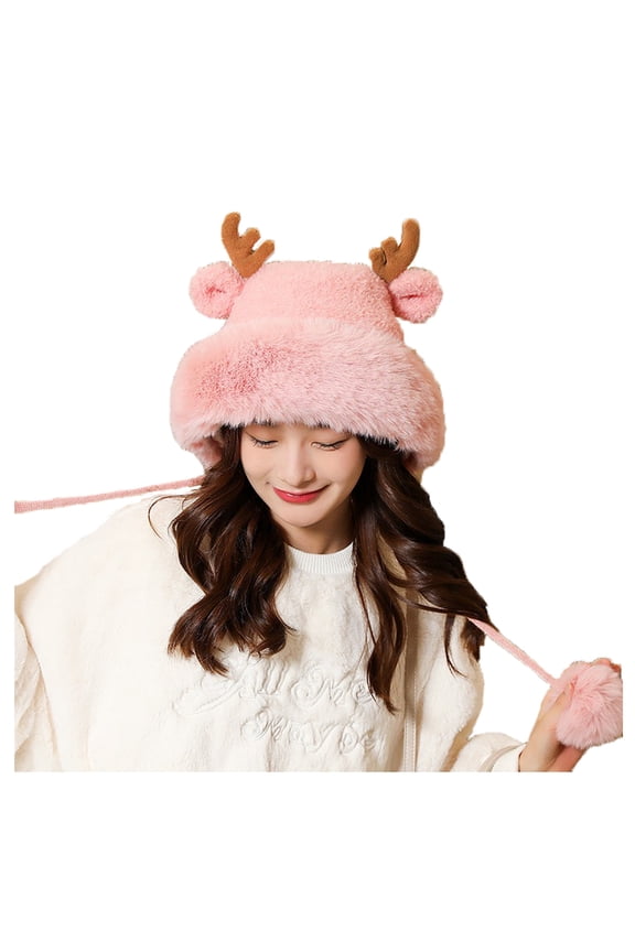 Youth Ear Knit Hat 3D Antler Dual Pom Wide Fluff Trim Drawstring Soft Liner for Riverside Walks Pink