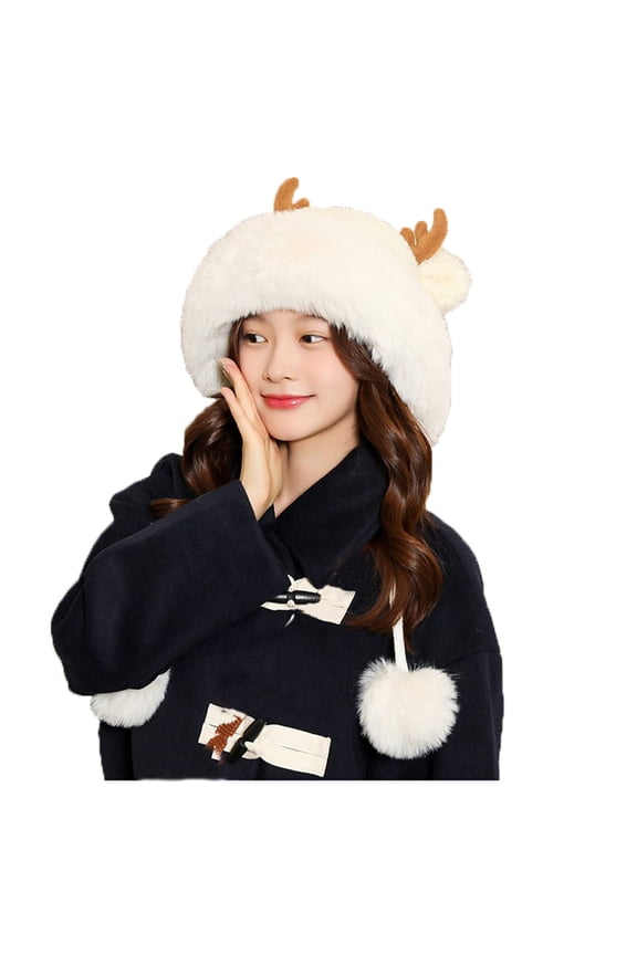 Youth Ear Knit Hat 3D Antler Dual Pom Wide Fluff Trim Drawstring Soft Liner for Riverside Walks White