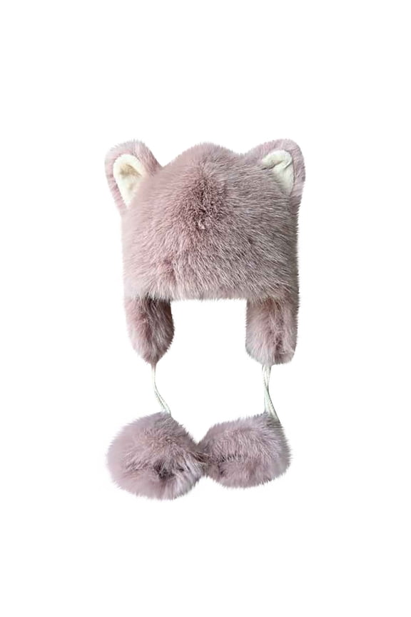 Youth Trapper Hat 3D Fluff Cat-Ear Dual Pom Drawstring Adjustable Neck Ties for Holiday Market Trips Pink