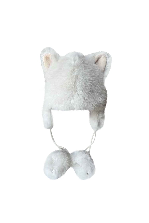 Youth Trapper Hat 3D Fluff Cat-Ear Dual Pom Drawstring Adjustable Neck Ties for Holiday Market Trips White