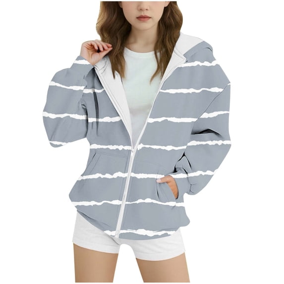 Mwjwdo Zip Up Hoodie Girls Gradient Striped Drawstring Sweatshirts with Pockets Kids Hoodies Zipper Coat Hooded Fall Winter Jackets Tops Gray 14-15Years