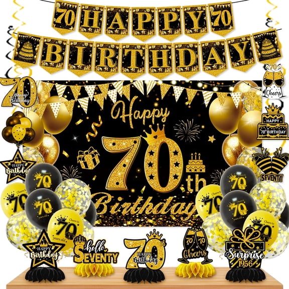 Mxdfafa 39pcs 70th Birthday Decorations Kit Black Gold Glitter Party Supplies with Banner,Balloons,Backdrop,Honeycomb Centerpieces,Hanging Swirls for Men Women 70th Bday Anniversary Celebration