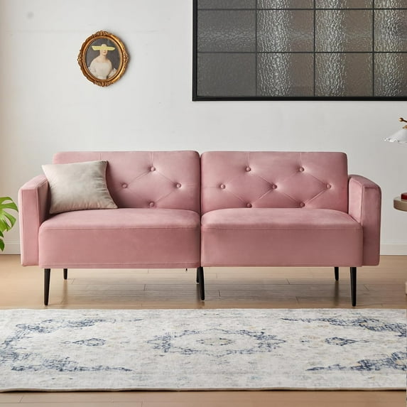 Mxfurhawa Futon Sofa Bed, 74" Convertible Sleeper Couch, Upholstered Loveseat with Adjustable Back, Arms and High Strength Metal Legs, Memory Foam Cushion, Suit for Living Room Office (Velvet - Pink)