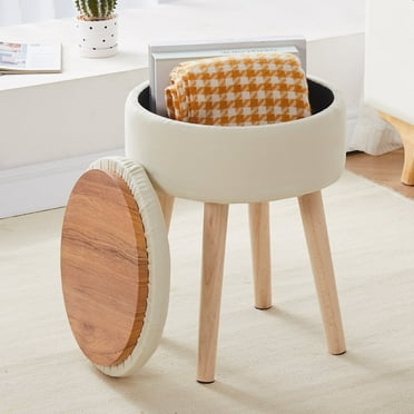 Mxfurhawa Handwoven Hyacinth Round Ottoman Footstool Natural Seagrass Pouf with Solid Wood Legs Footrest Stool Step Stool for Living Room Balcony Garden Natural & Beige