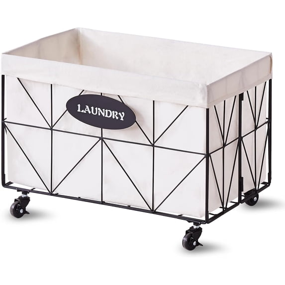Mxfurhawa Iron Wire Laundry Hamper With Rolling Lockable Wheels, Foldable basket Organizer with Detachable Liner & Wheels(Black)
