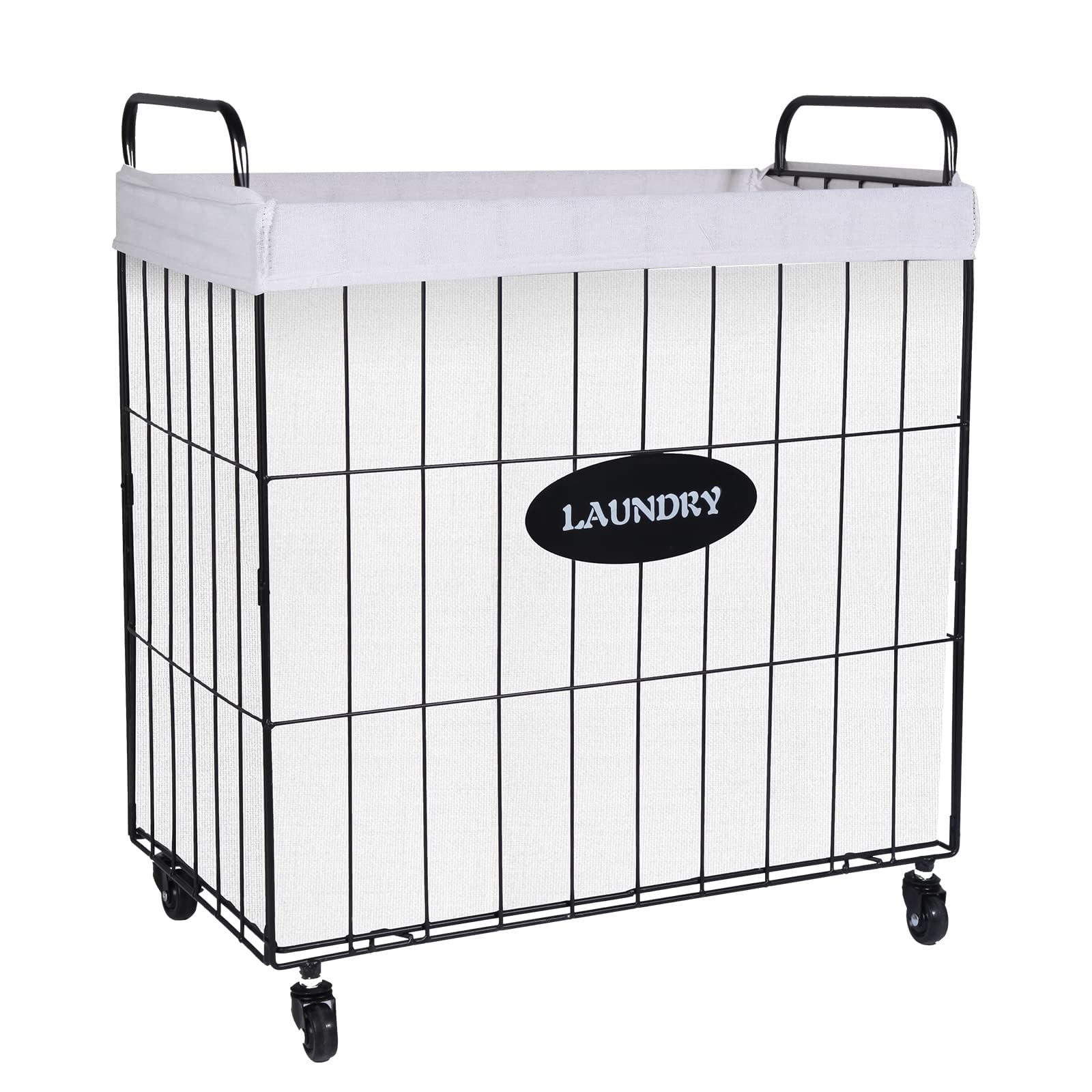 Art Deco White Iron Collapsible Frame Hamper with Wheels