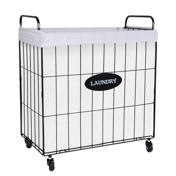 Mxfurhawa Laundry Hamper with Rolling Wheels Iron Wire Laundry Storage Basket, White