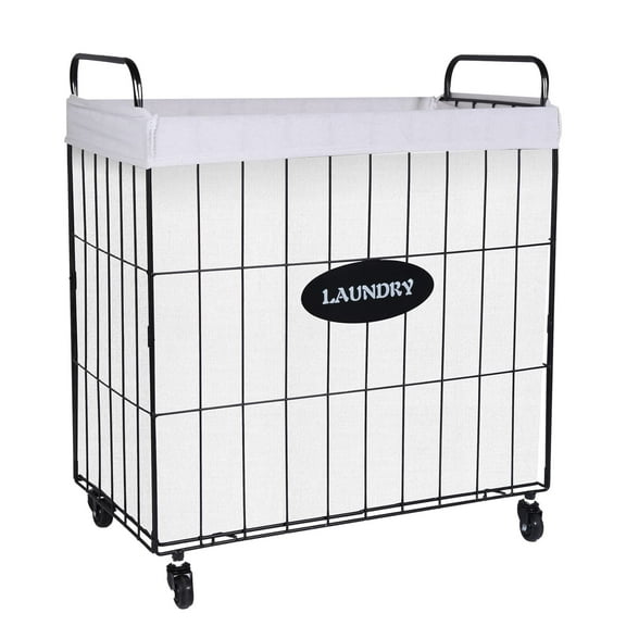 Mxfurhawa Laundry Hamper with Rolling Wheels Iron Wire Laundry Storage Basket, White