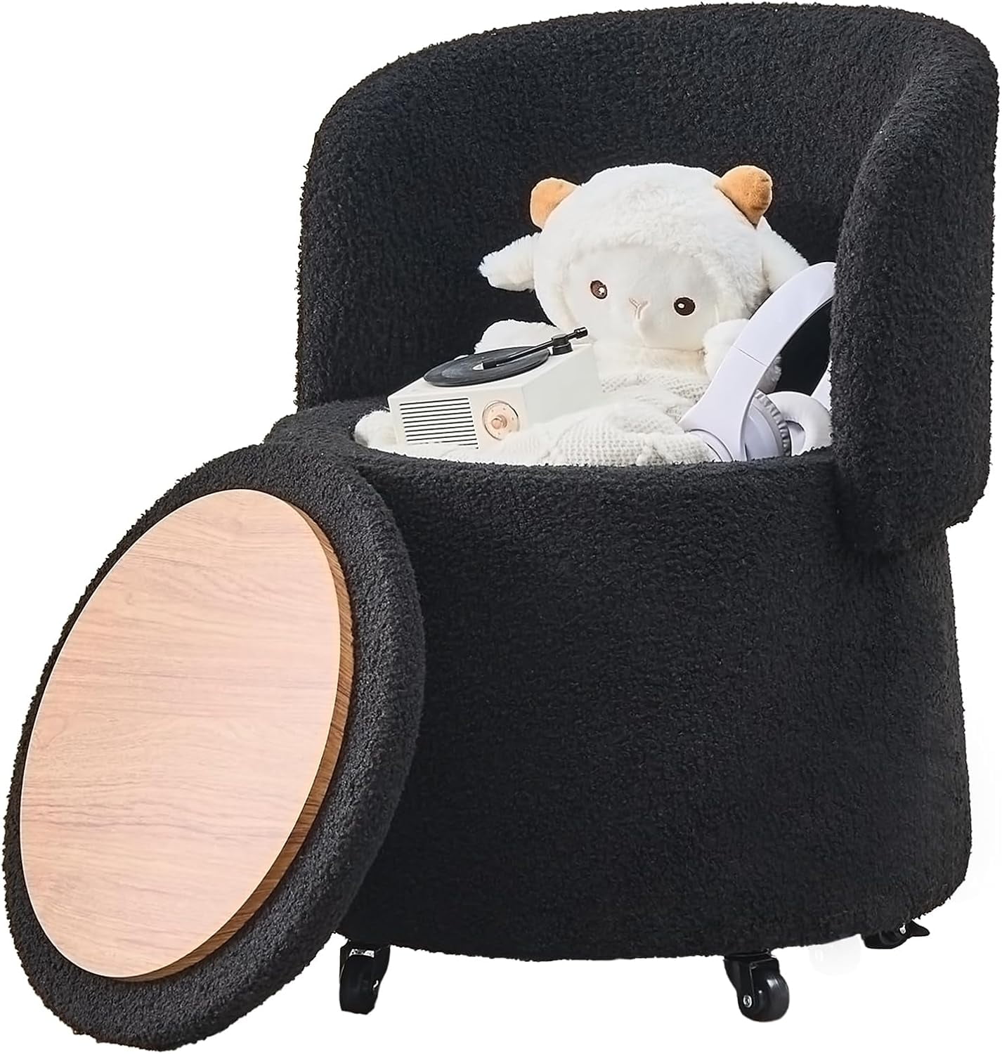 Mxfurhawa Modern Velvet Storage Ottoman – Vanity Stool with Backrest & 5 Rolling Wheels, Small Footstool for Makeup, Bedroom, or Extra Seating (Black)