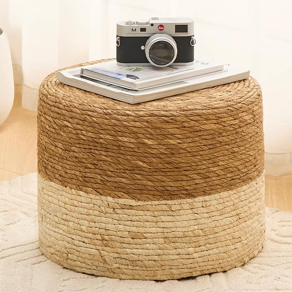 Mxfurhawa Natural Hand-Knitted Round Pouf Ottoman – Rustic Boho Footrest, Stylish Accent Stool, or Versatile Seat for Living Room and Bedroom (Natural Cattail, 15.7*15.7*11.8)