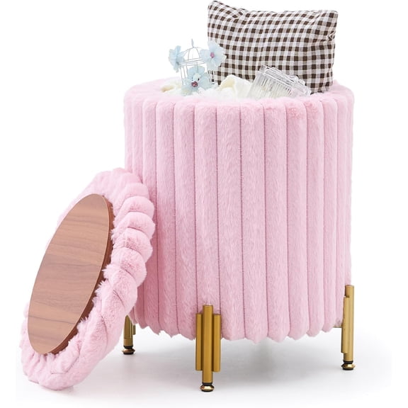 Mxfurhawa Round Ottoman Foot Stool with Storage and Metal Legs for Living Room Bedroom, Velvet Upholstered Footrest Stool Support 300lbs Modern Padded Seat Ottoman Coffee Table (Pink)