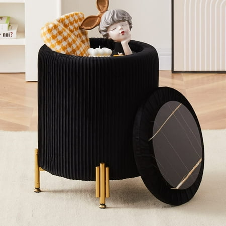 Mxfurhawa Round Ottoman Foot Stool with Storage and Metal Legs for Living Room Bedroom, Velvet Upholstered Footrest Stool Support 300lbs Modern Padded Seat Ottoman Coffee Table (Black)