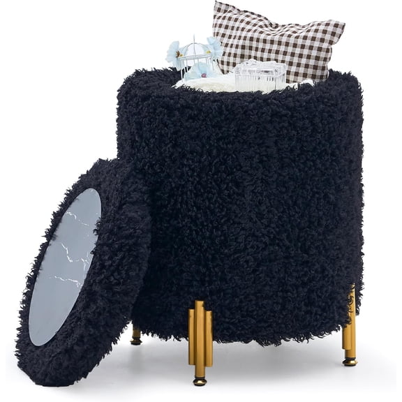 Mxfurhawa Round Ottoman Foot Stool with Storage and Metal Legs for Living Room Bedroom, Velvet Upholstered Footrest Stool Support 300lbs Modern Padded Seat Ottoman Coffee Table (Black-Long Wool)