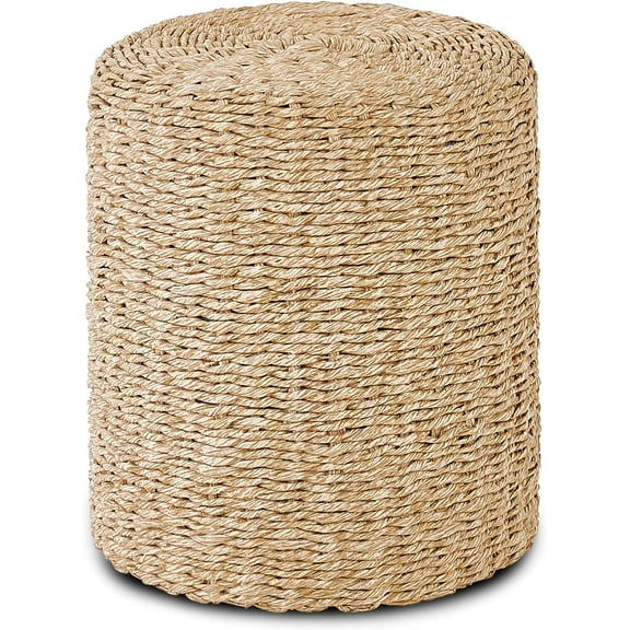 Mxfurhawa Round Ottoman, Natural Hand Braided Pouffe, Footstool with Solid Wood Frame, Rustic Accent Sitting, Farmhouse Pouf, Boho Decor or Small Table for Living Room (100% Paper Rope)