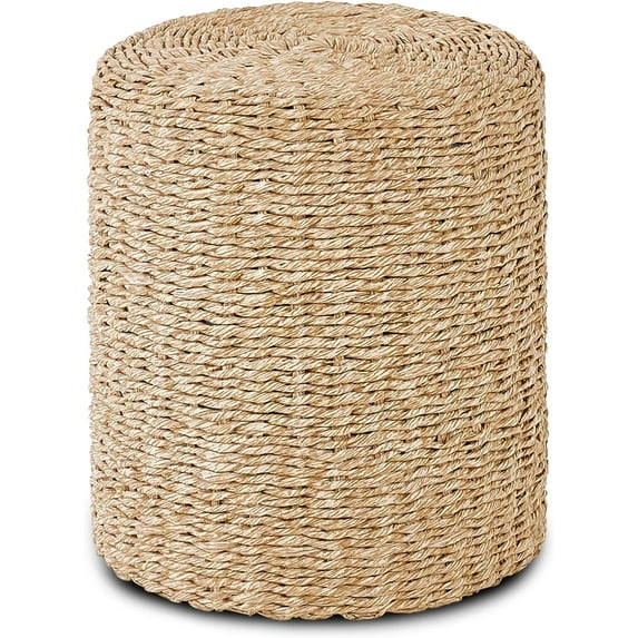 Mxfurhawa Round Ottoman, Natural Hand Braided Pouffe, Footstool with Solid Wood Frame, Rustic Accent Sitting, Farmhouse Pouf, Boho Decor or Small Table for Living Room (100% Paper Rope)