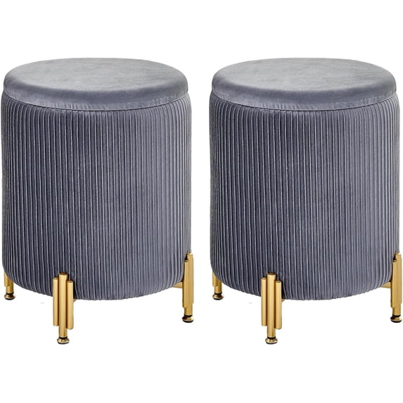 Mxfurhawa Round Ottoman Set of 2,Upholstered Footrest Stool Support 300lbs,Modern Padded Seat Foot Stool Coffee Table,Vanity Stool with Storage and Metal Legs for Living Room (Grey)