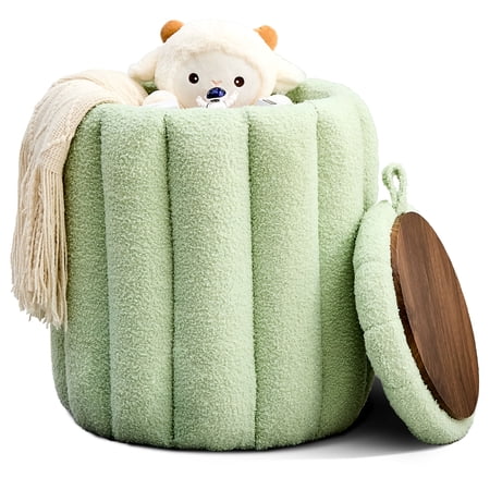 Mxfurhawa Round Ottoman with Storage Vanity Footstool Ottomans Foot Rest for Makeup Room Upholstered Padded Seat Foot Rest Modern Accent Pouf Round Chair for Living Room Entryway Teddy Velvet Green