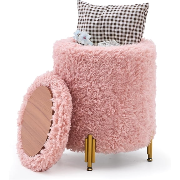 Mxfurhawa Round Storage Ottoman,Modern Foot Stool with Metal Legs,Vanity Stool with Soft Padded Seat,Side Table or  Stand for Hallway,Living Room (Pink-Long Wool)