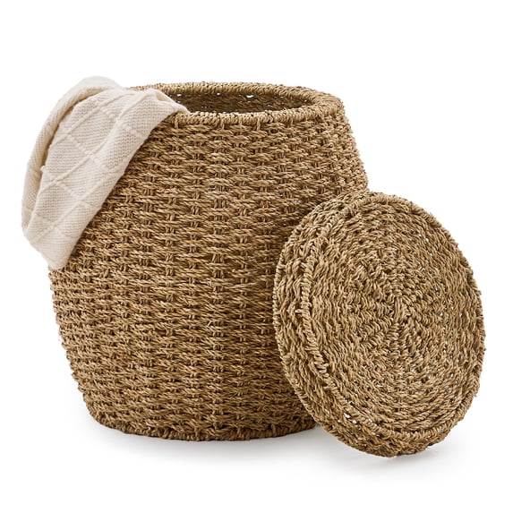 Mxfurhawa Round Wicker Storage Basket with Lid, Handwoven Seagrass Basket for Laundry & Blanket Organization, Multi-Scene Use
