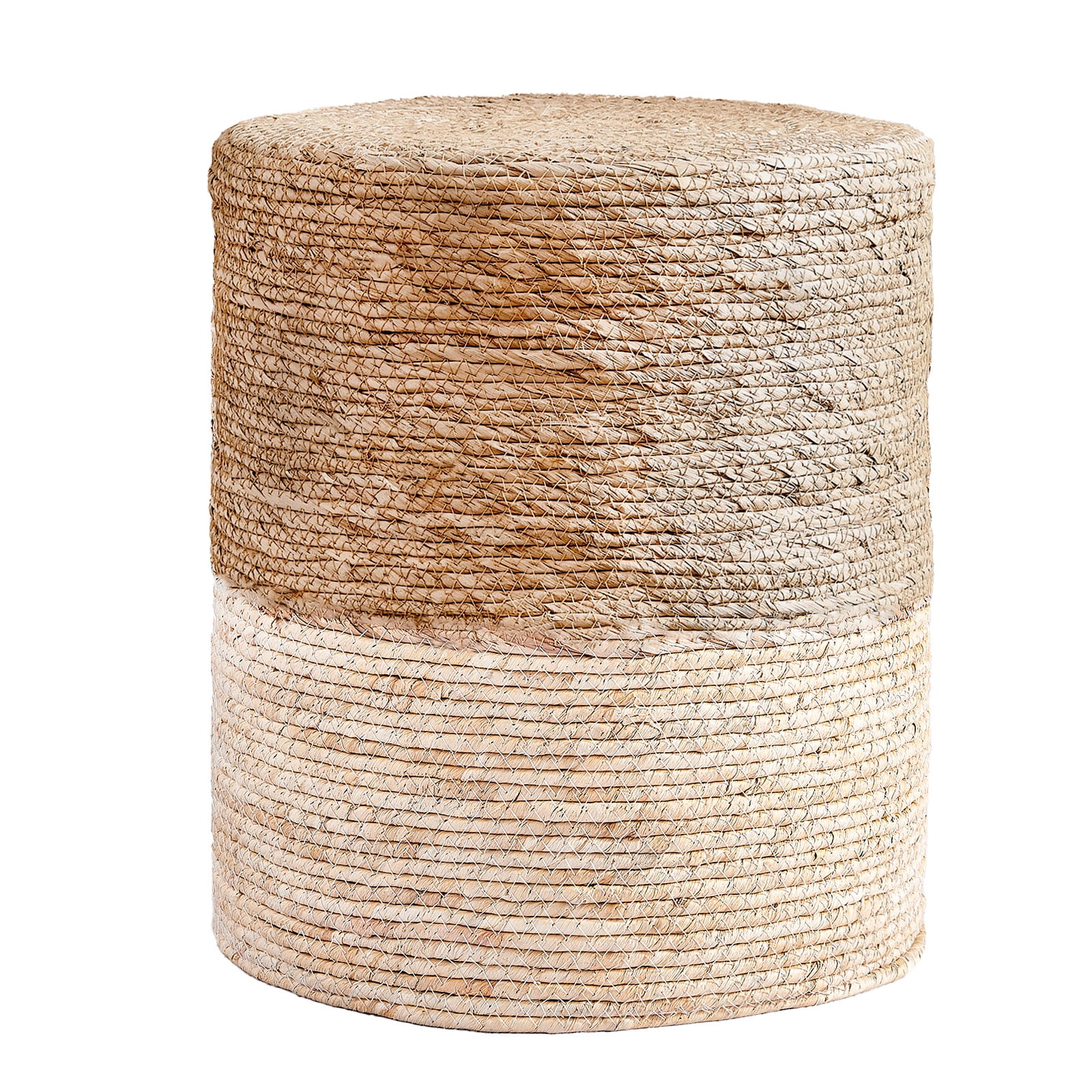 Natural and White Handwoven Seagrass Round Pouf Ottoman