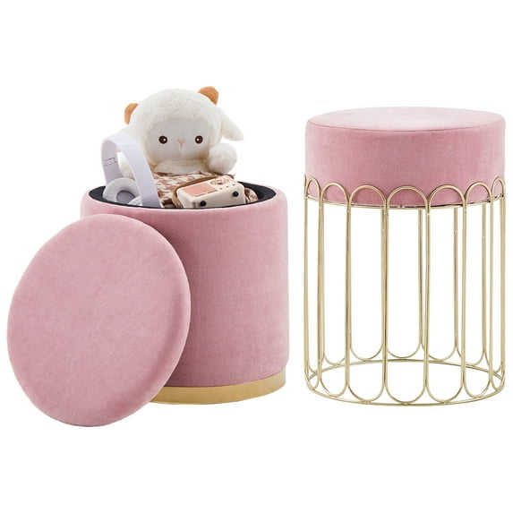 Mxfurhawa Set of 2 Round Velvet Storage Ottomans – Vanity Stool, Footrest, Small Coffee Table with Removable Lid for Living Room & Bedroom (Pink)
