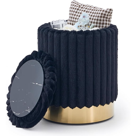 Mxfurhawa Storage Ottoman,Metal Base Vanity Stool Chair,Modern Round Footstool with Soft Padded Seat,Multipurpose Sofa Table or Stand for Hallway,Living Room and Lounge (Black-Striped Fabric)