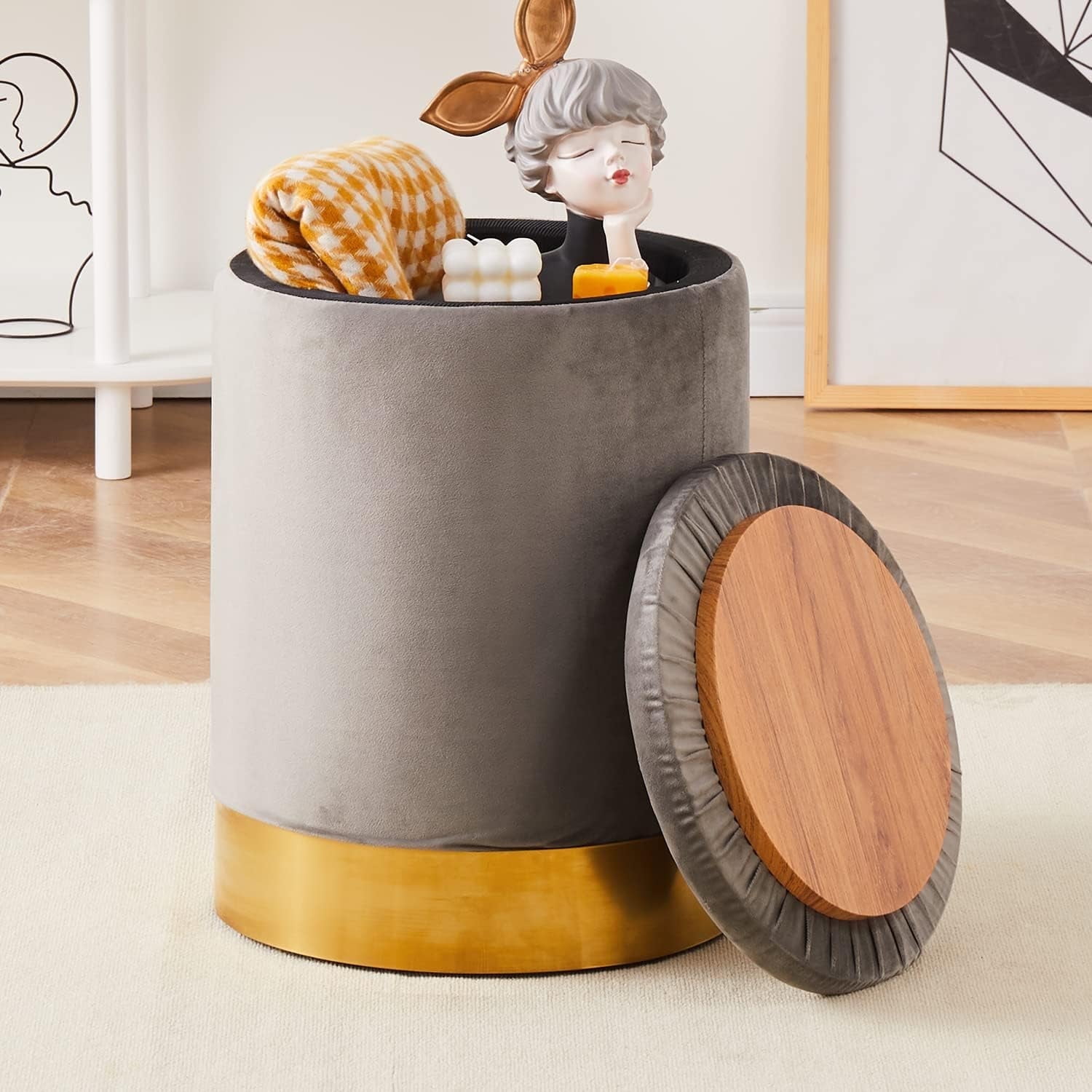 Mxfurhawa Velvet Storage Ottoman Multipurpose Footrest Stool for Living Room & Bedroom（Grey）