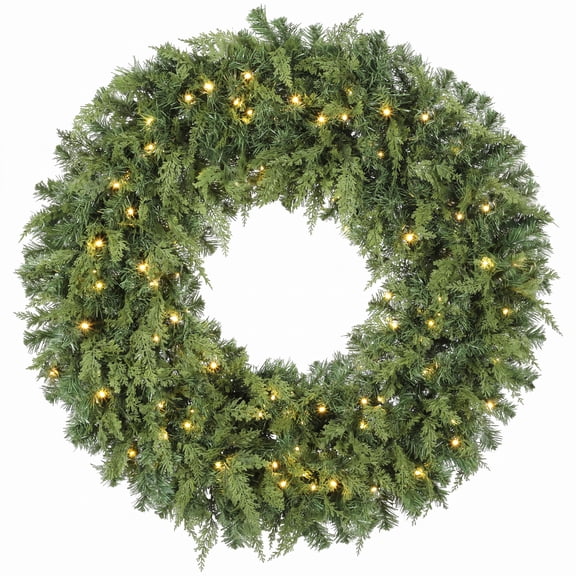 Mxsalio 48in Pre-Lit Artificial Christmas Wreath Cedar 550 Tips Warm White LED for Indoor Outdoor Front Door Mantel Holiday Decor Flame-Retardant Steel Frame