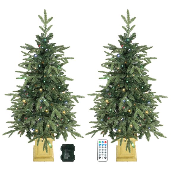Mxsalio 4ft Prelit Artificial Christmas Tree Set of 2, Aspen Fir with 110 Dual Color LEDs, Realistic PE Tips and Gold Tone Pot, for Entryway, Fireplace and Holiday Decor