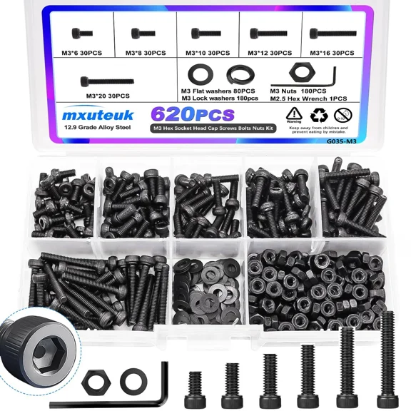 Mxuteuk 620Pcs M3 Screw Kit,M3 Screws Suitable For 3D Printer,12.9 Grade Alloy S