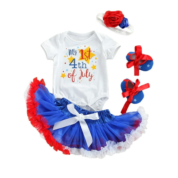 My 1st 4th of July Newborn Baby Girls 4pcs Outfit Set Romper+Ruffle Tulle Skirt+Headband+Shoes