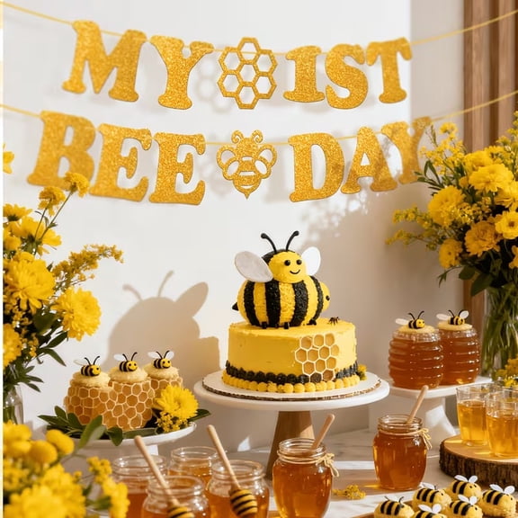 My 1st Bee Day Banner - Bumble Honey Theme 1st Birthday Party Decorations with Glittering Gold Accents