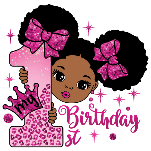 My 1st Birthday African American Cartoon Girl With Sparkly Pink Bows & Crown Theme Photo Edible Image Cake Topper For Quarter Sheet Cake