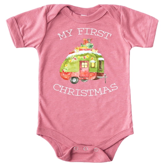 My 1st Christmas Camper Bodysuit for Baby Boys and Girls Christmas Outfit White on Mauve Bodysuit 6 Months