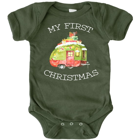 My 1st Christmas Camper Bodysuit for Baby Boys and Girls Christmas Outfit White on Military Green Bodysuit 12 Months