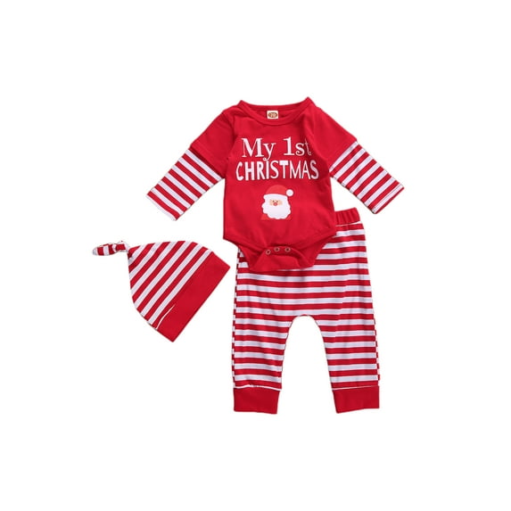 My 1st Christmas Infant Newborn Baby Boy Girl Long Sleeve Outfits Santa Claus Romper Pants Trousers Hat 3Pcs Clothes