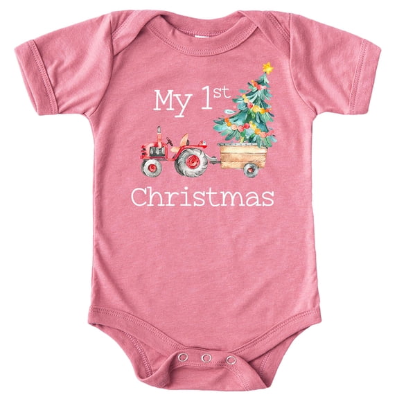 My 1st Christmas Tractor Bodysuit for Baby Boys and Girls Christmas Outfit White on Mauve Bodysuit 6 Months
