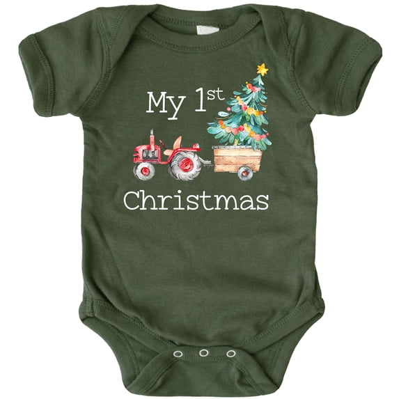 My 1st Christmas Tractor Bodysuit for Baby Boys and Girls Christmas Outfit White on Military Green Bodysuit 18 Months