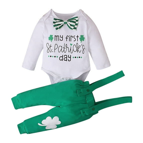 My 1st St. Patrick's Day Baby Boy Outfits Clover Shamrock Printing Romper With Pants 2 Piece Outfits Sets White 3-6 Months