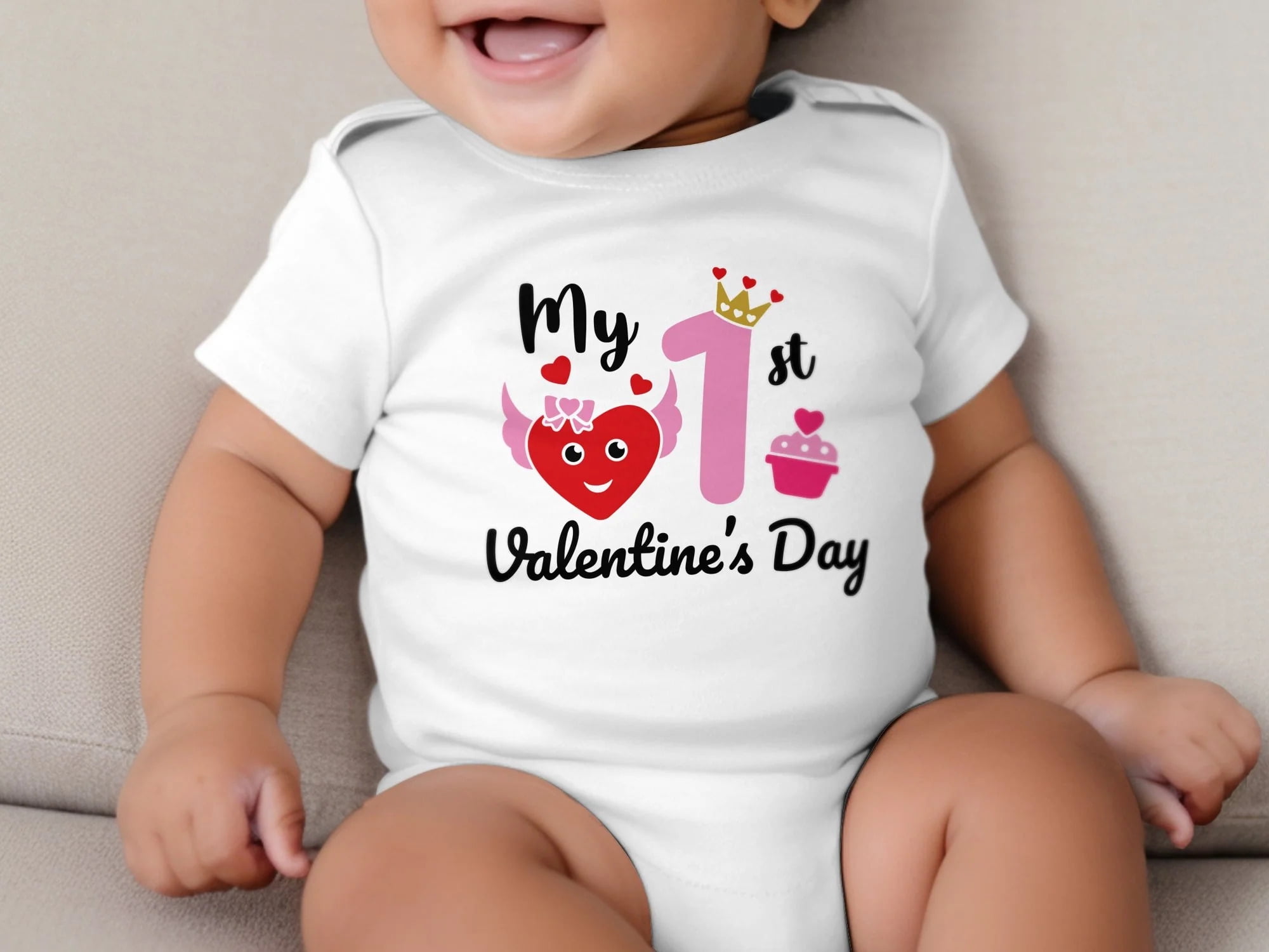 My 1st Valentine's Day Bodysuit, Baby Girl Heart Cupcake Outfit, Cute Infant First Love Onesie