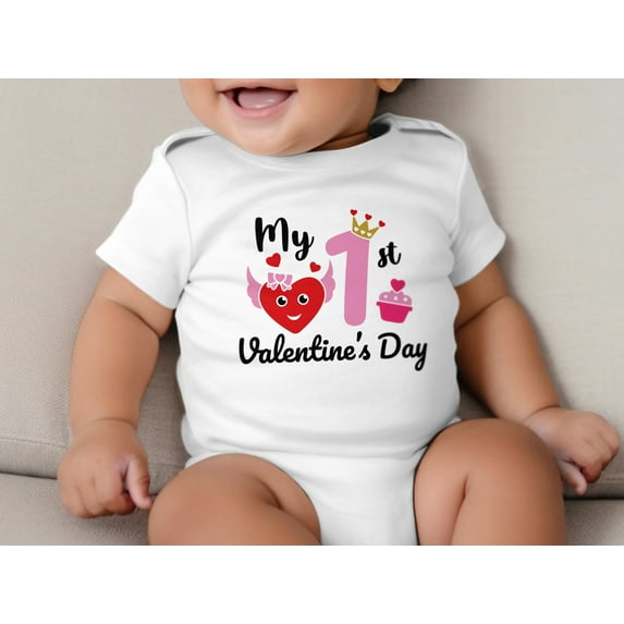 My 1st Valentine's Day Bodysuit, Baby Girl Heart Cupcake Outfit, Cute Infant First Love Onesie