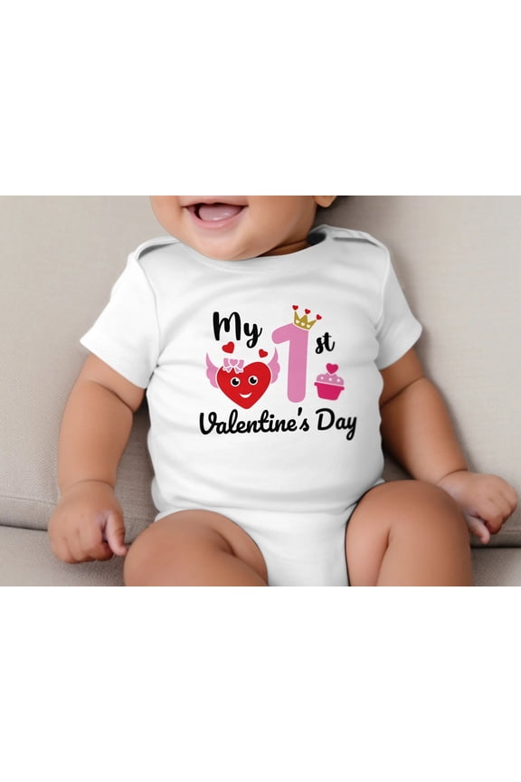 My 1st Valentine's Day Bodysuit, Baby Girl Heart Cupcake Outfit, Cute Infant First Love Onesie